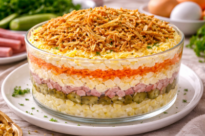 Этот салат запомнят все: &laquo;Шикарный&raquo; с луком фри сверху. Может потеснить всю классику с вашего стола